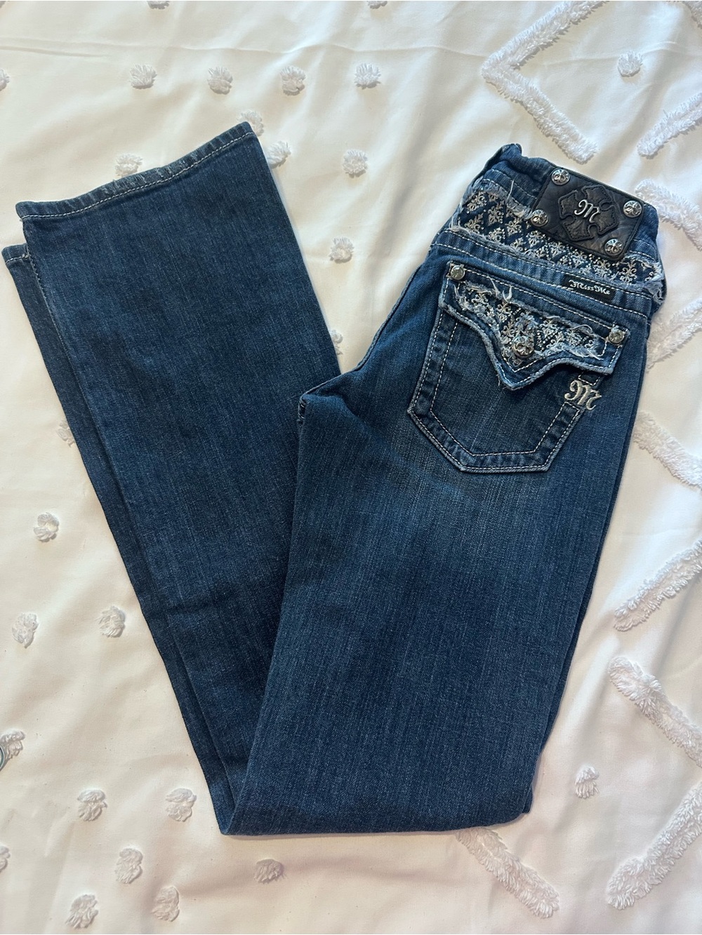 Miss Me Dark Blue Bootcut Jeans with Embellished Back Pockets